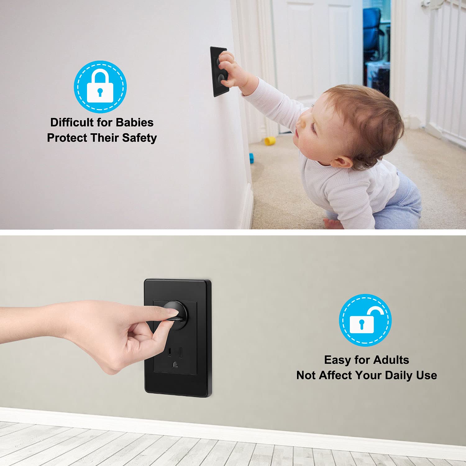 PROBEBI lockable outlet covers show the adult-friendly pull-and-remove feature protecting kids.