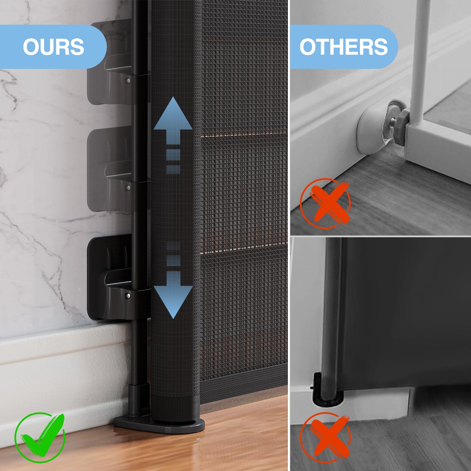 PRObebi no-bottom-rails gate reduces tripping hazards in hallway