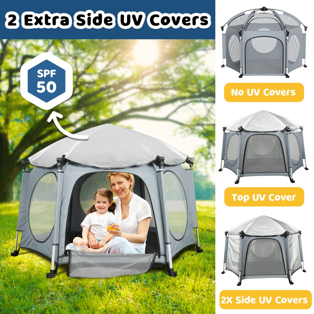 PRObebi portable playpen offers large play area for crawling and exploration during beach days.