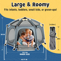 PRObebi pop-up playpen grey sunshade protects from sun while keeping baby comfortable outdoors.