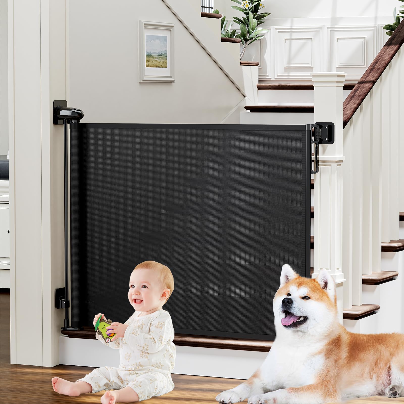 PRObebi retractable baby gate on stairs with easy one-handed operation