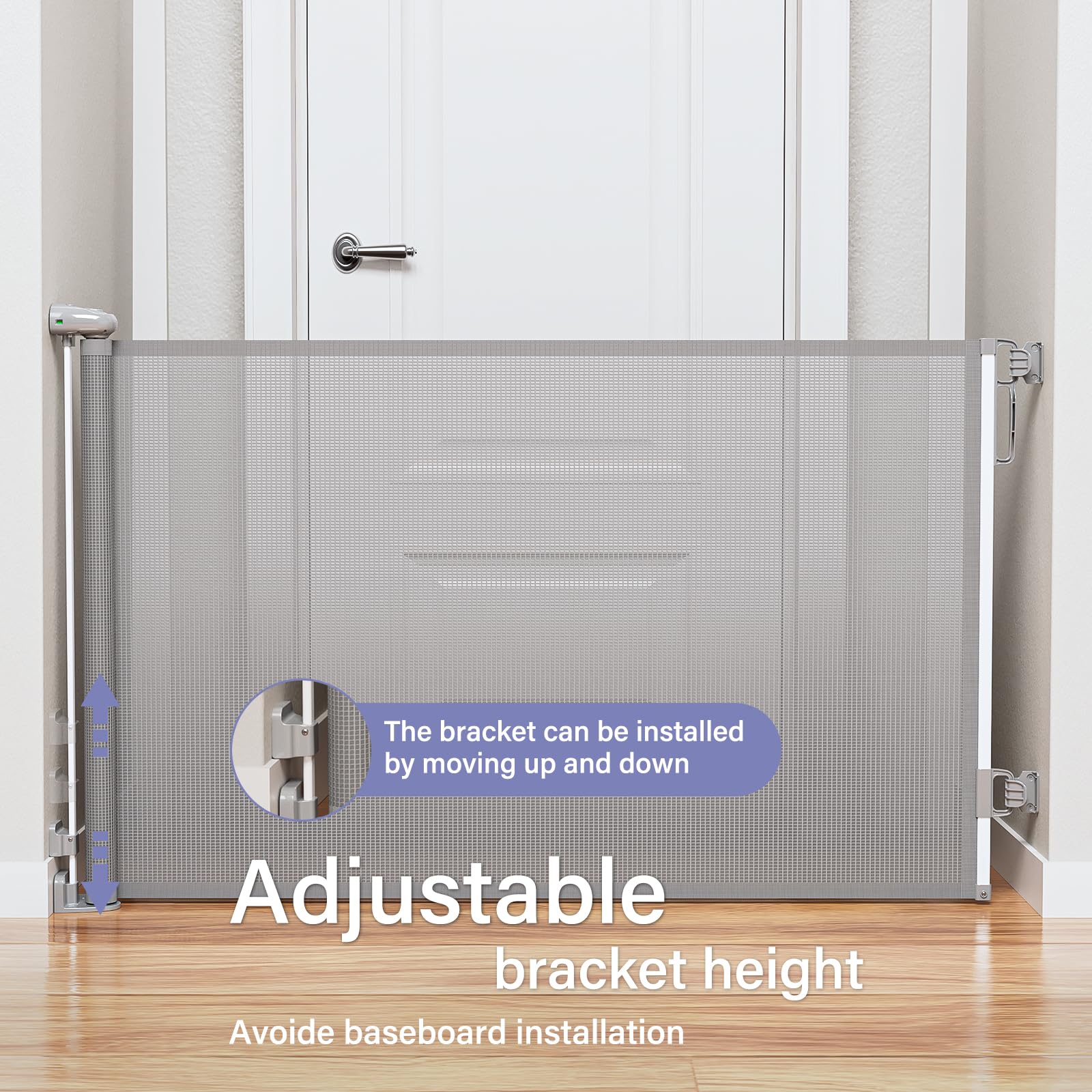 PRObebi retractable gate baseboard adjustable bracket protects baseboards during installation.
