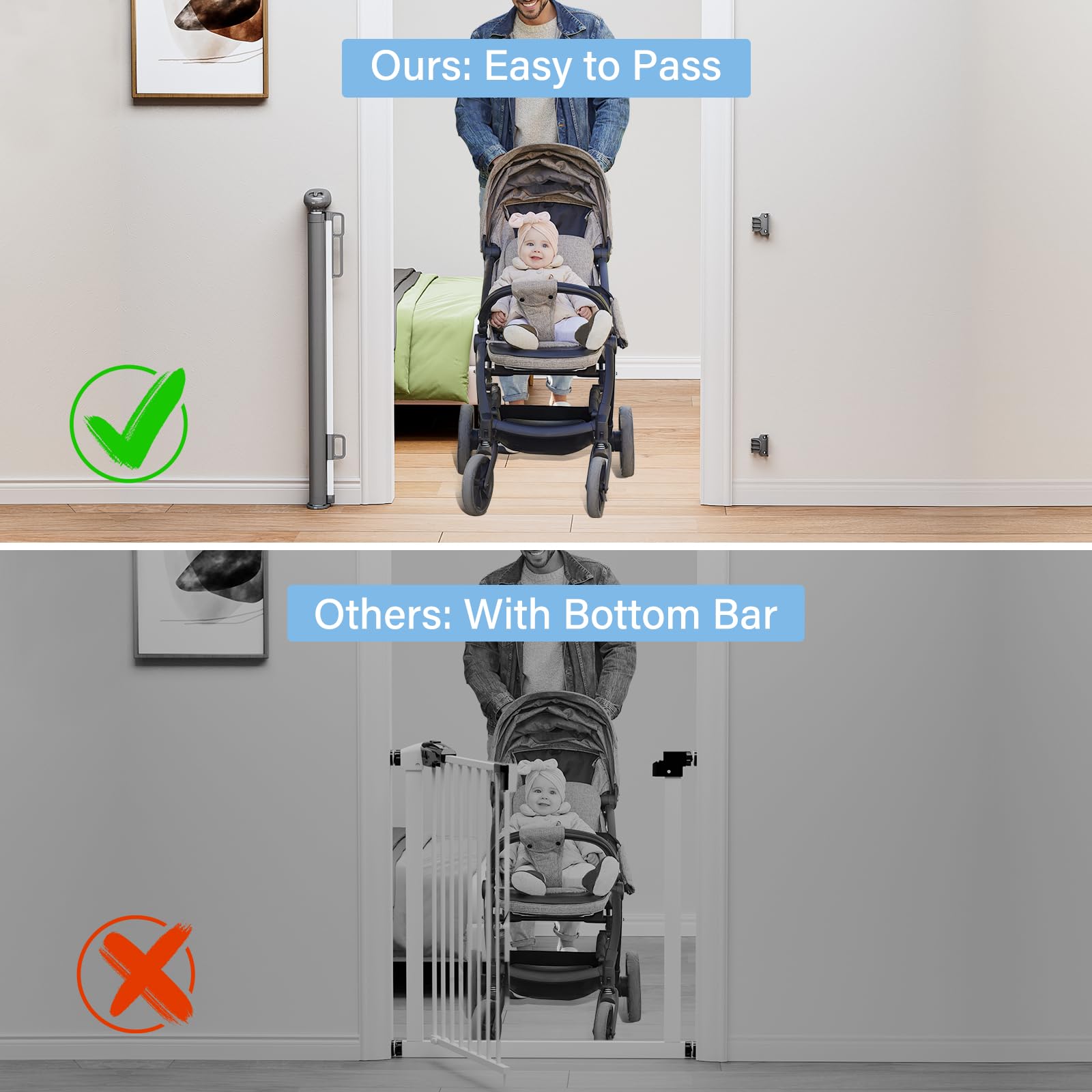 PRObebi retractable gate with baseboard-bracket simplifies wall-friendly installation