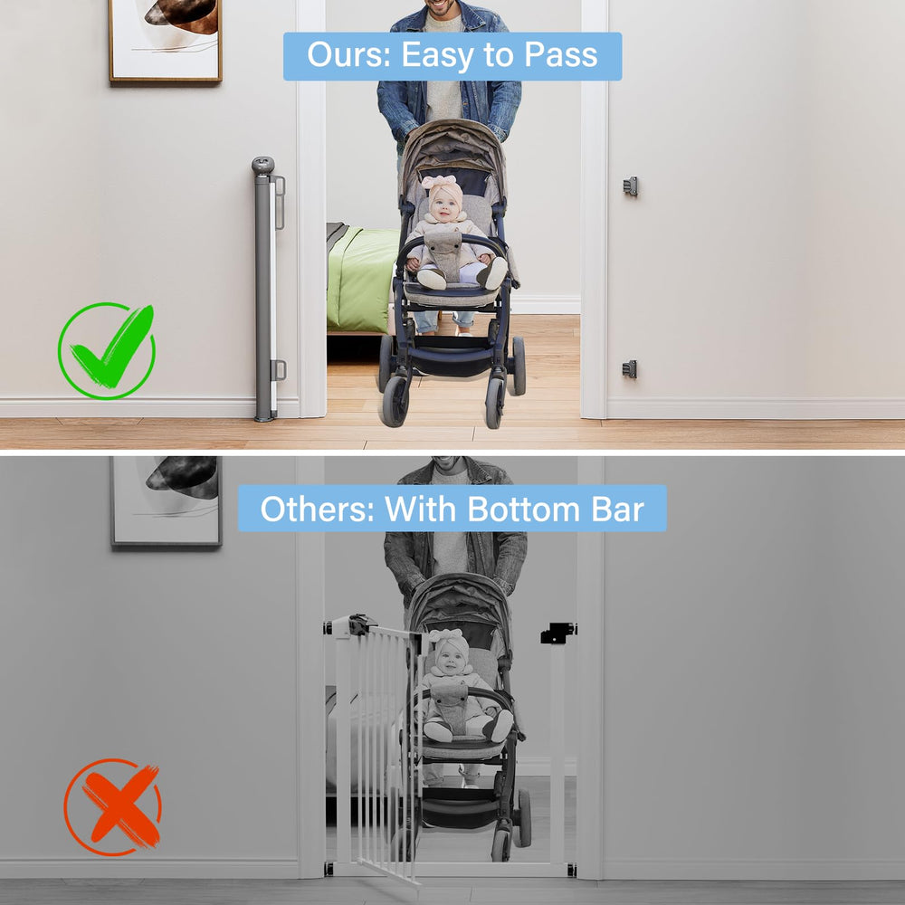 PRObebi retractable gate with baseboard-bracket simplifies wall-friendly installation