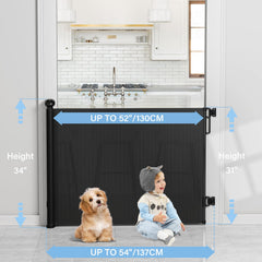 Probebi retractable gate in use with one-handed operation helps parent hold child.