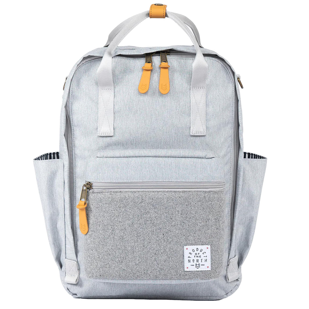 Product of the North Elkin backpack front view highlights durable vegan zipper pulls for easy access.