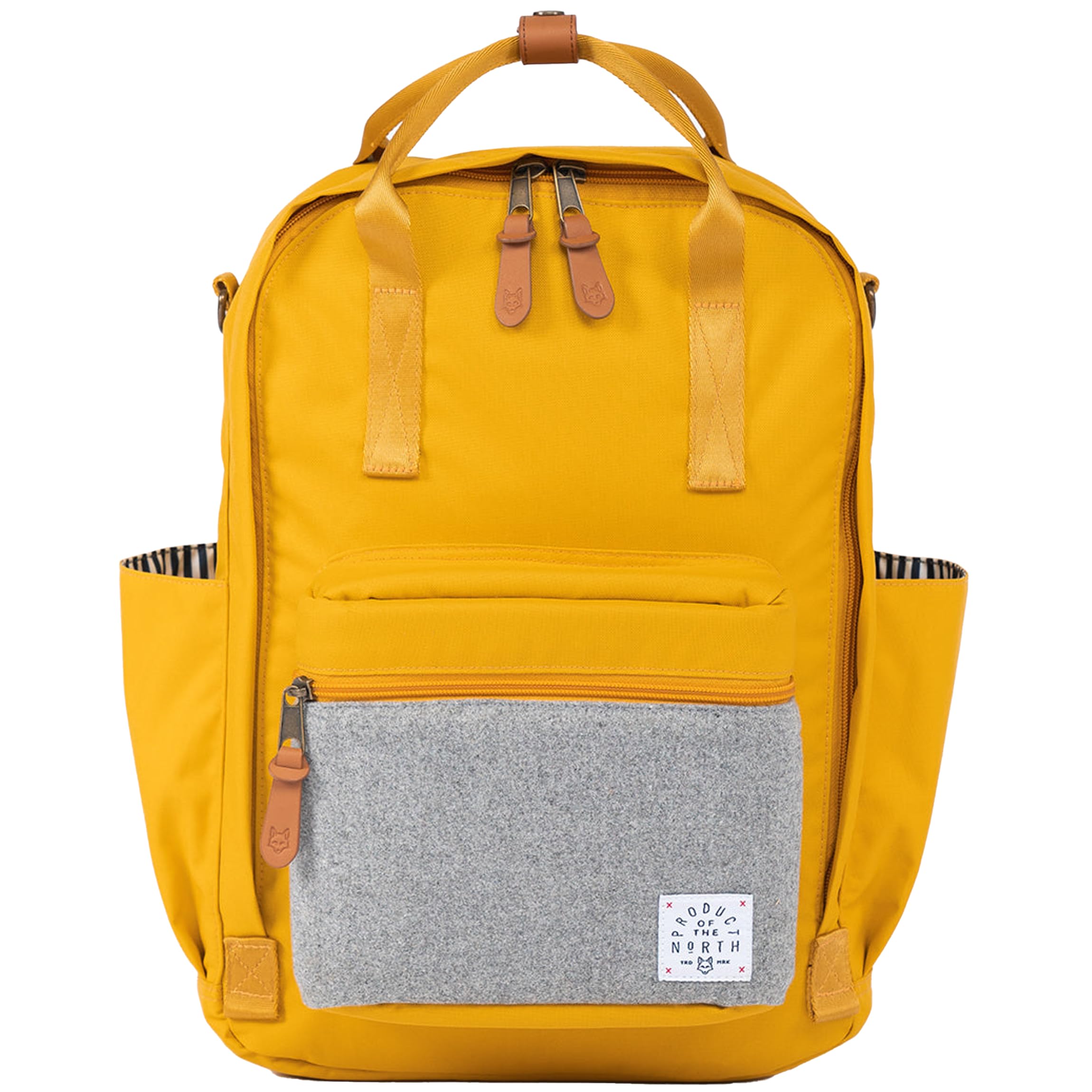 Product of the North Elkin diaper bag front view in saffron, highlighting sleek unisex design.