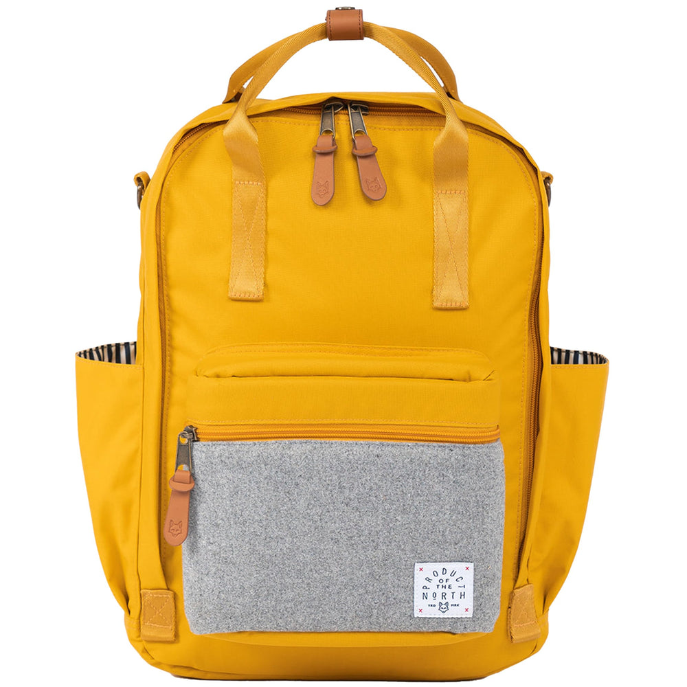 Product of the North Elkin diaper bag front view in saffron, highlighting sleek unisex design.