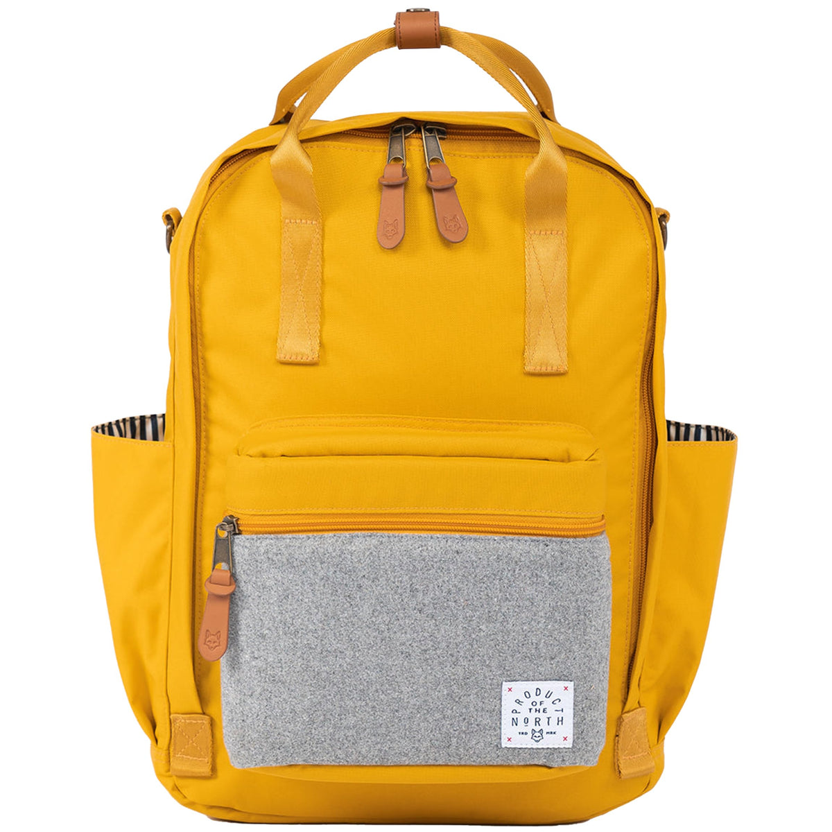 Product of the North Elkin diaper bag front view in saffron, highlighting sleek unisex design.
