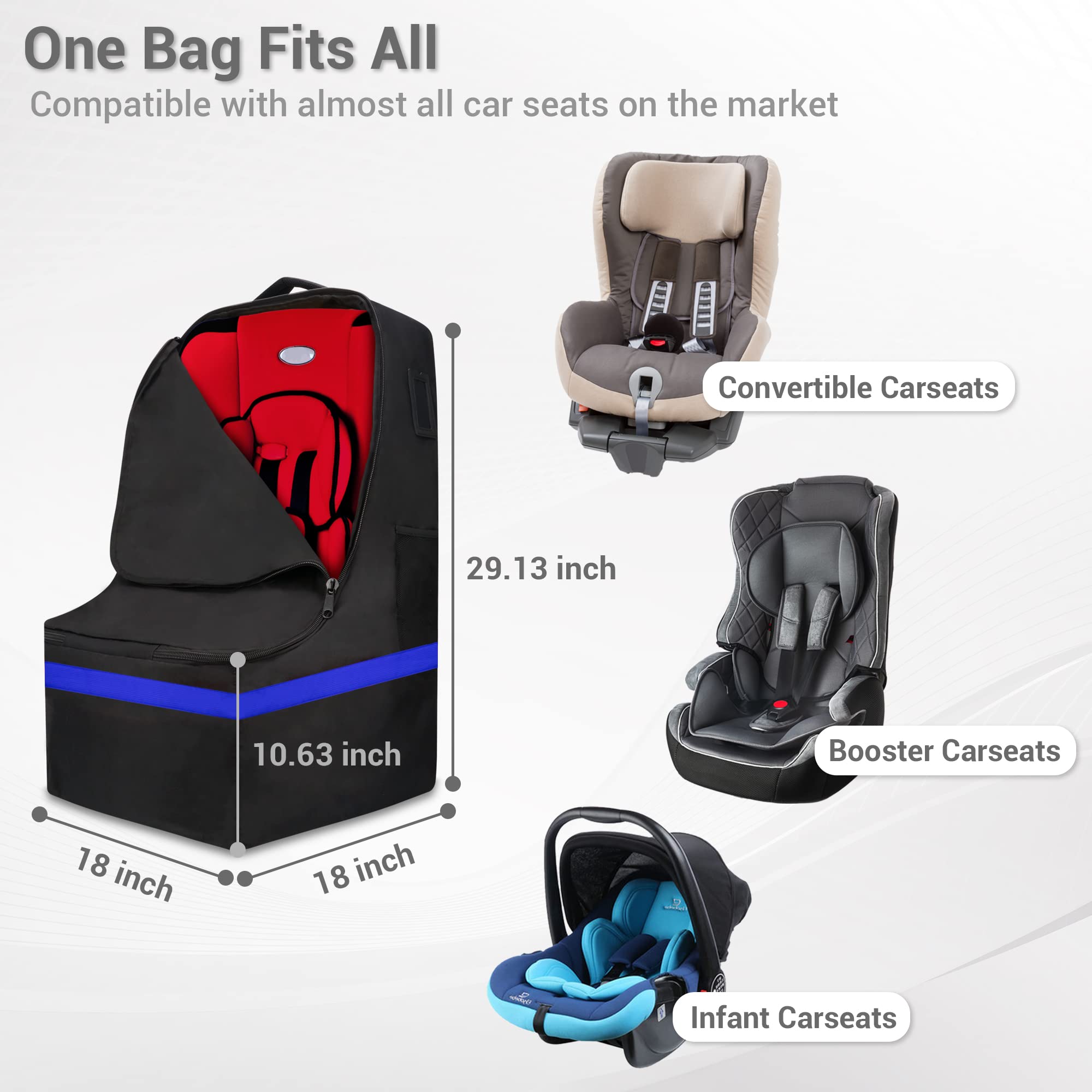 ProFaster blue bag shows backpack straps for hands-free airport mobility with car seats