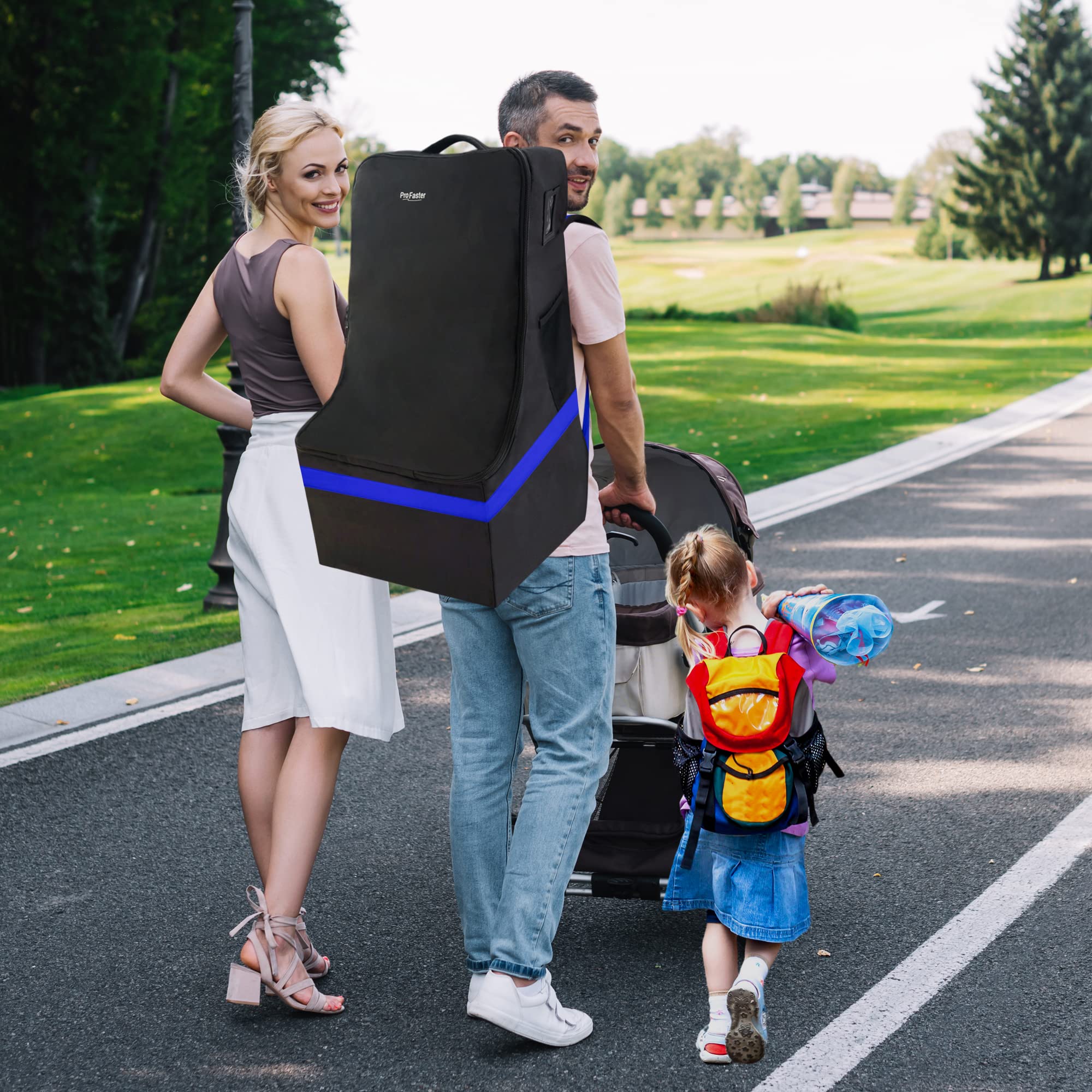 ProFaster blue gate-check backpack scenario with luggage and traveler at airport
