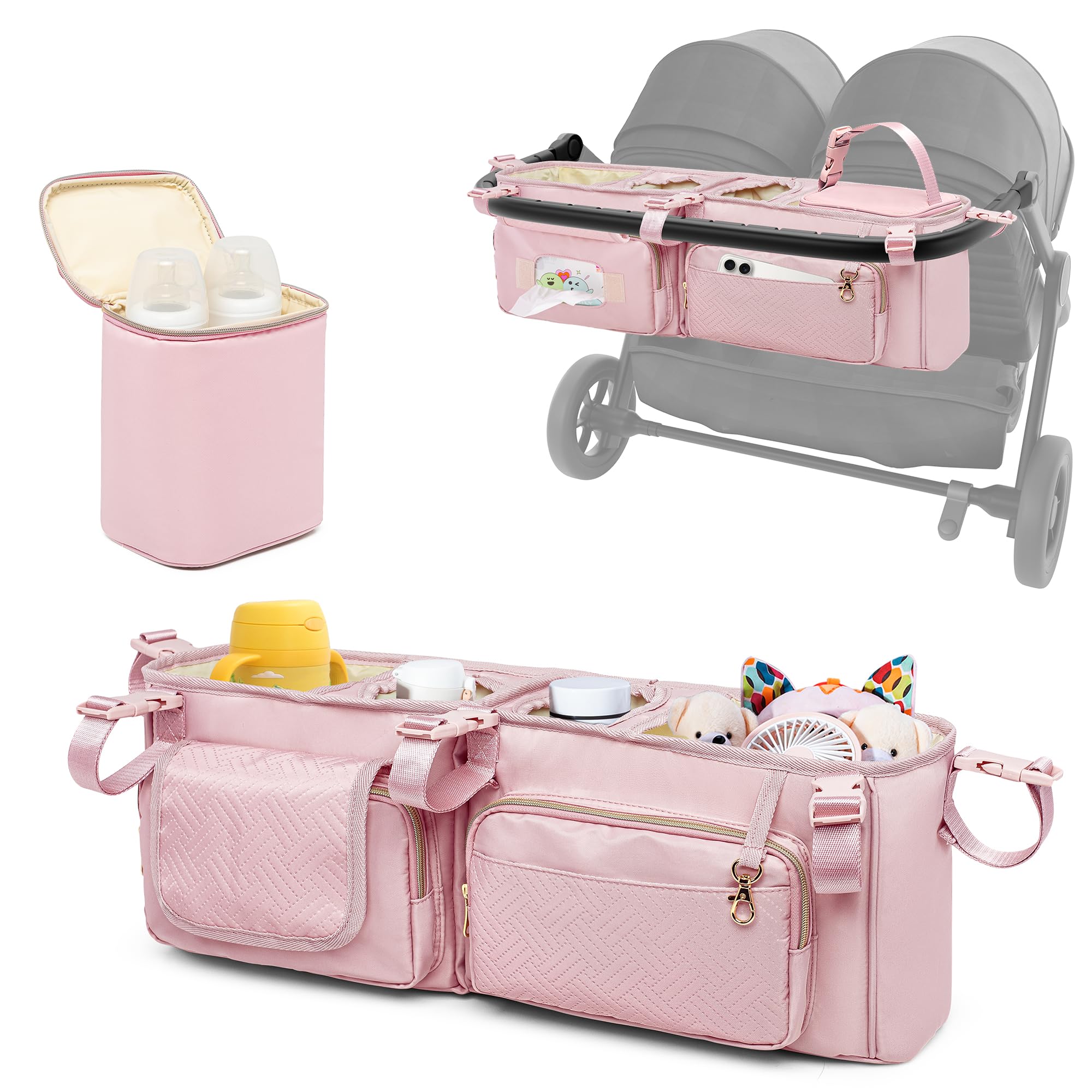 Prokva double stroller organizer compatible with Bob Flex 3.0 for quick setup