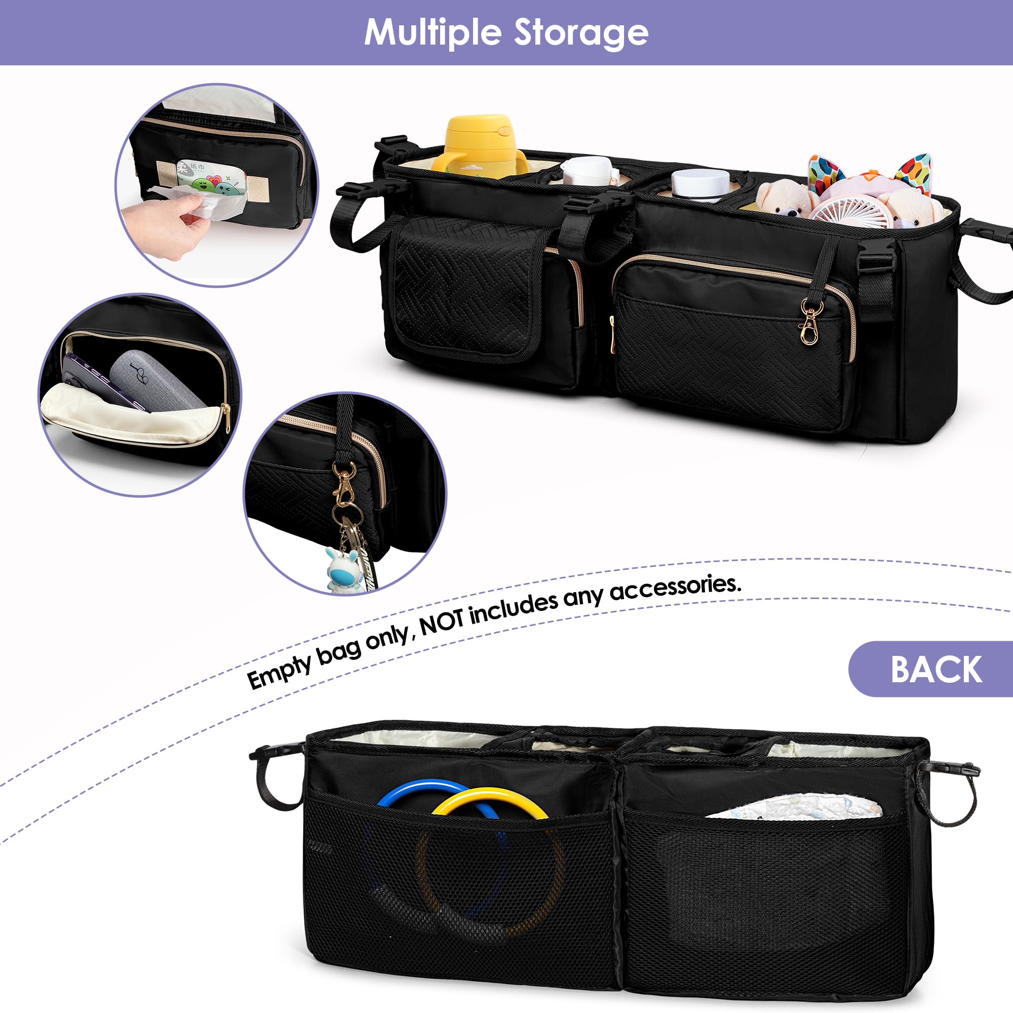 Prokva double stroller organizer with cooler bag attached for bottles on walks