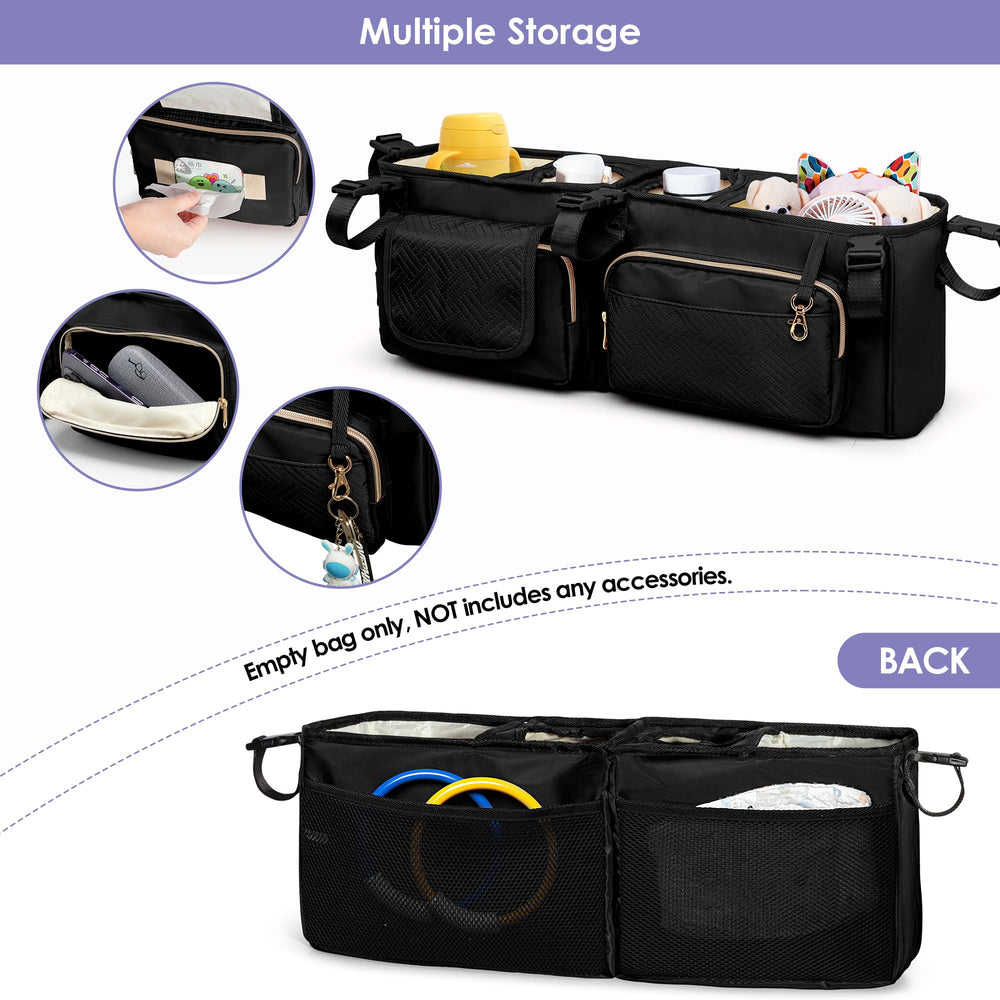 Prokva double stroller organizer with cooler bag attached for bottles on walks