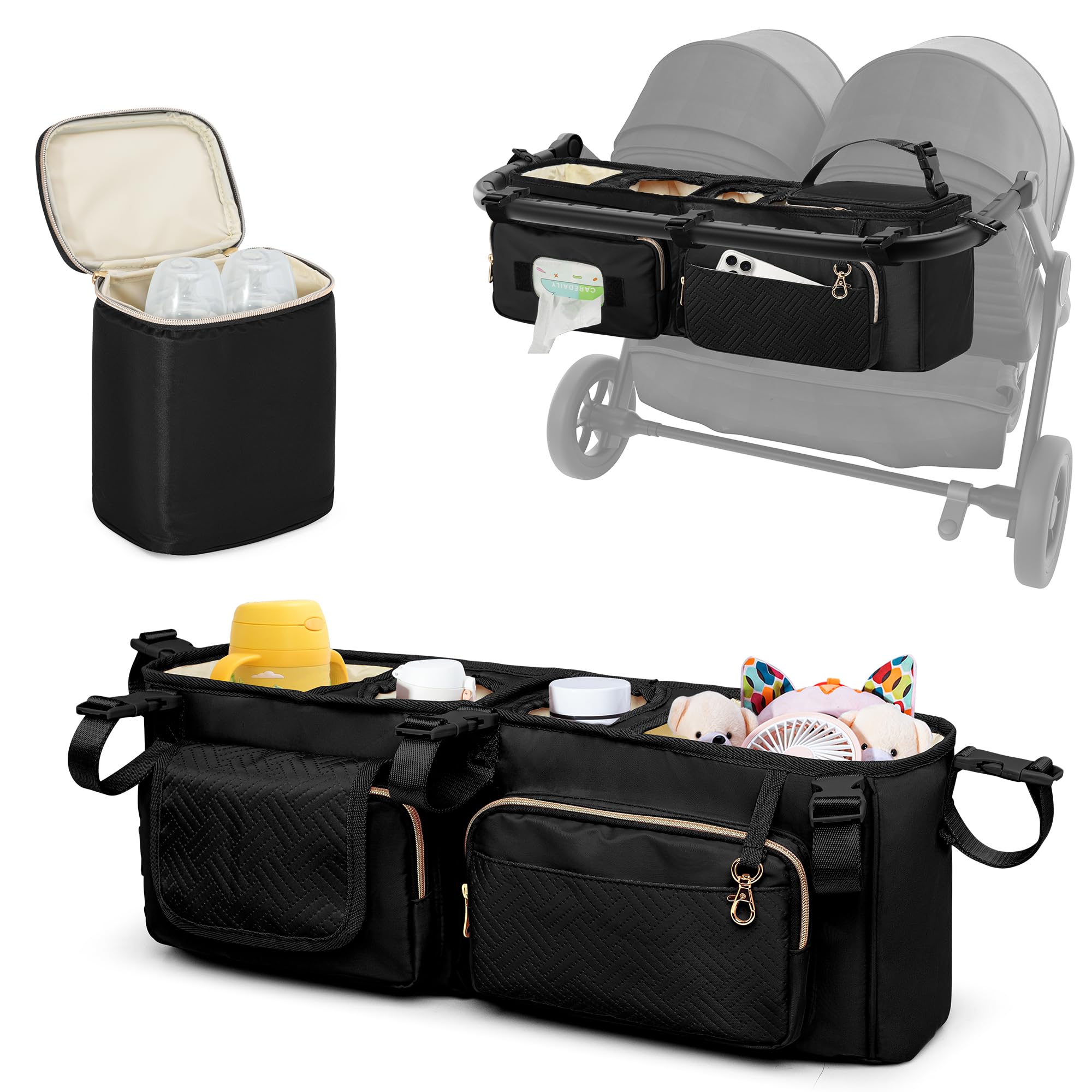 Prokva double stroller organizer main view showing spacious storage for essentials
