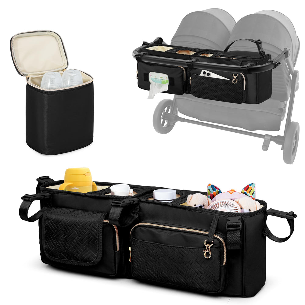 Prokva double stroller organizer main view showing spacious storage for essentials