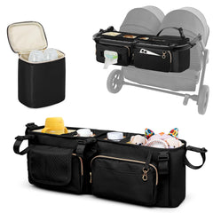 Prokva double stroller organizer main view showing spacious storage for essentials