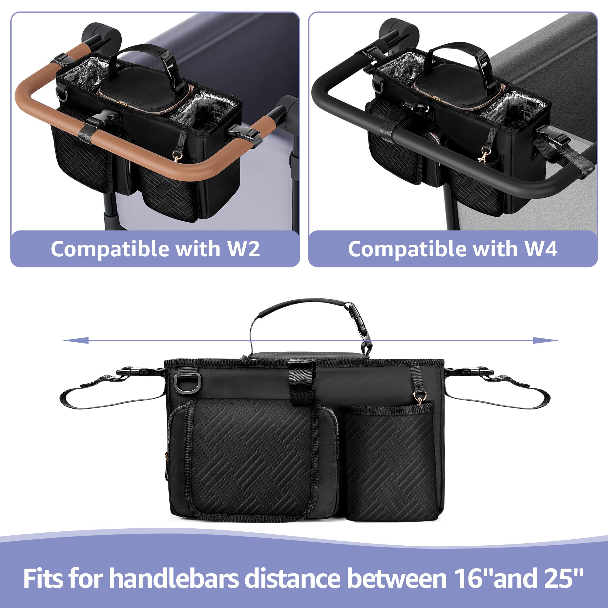 Prokva parent console ample storage compartments for bottles, snacks, and toys.