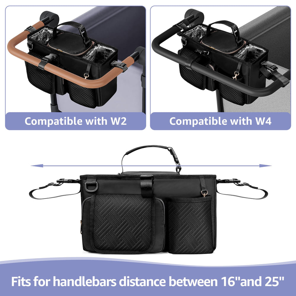 Prokva parent console ample storage compartments for bottles, snacks, and toys.