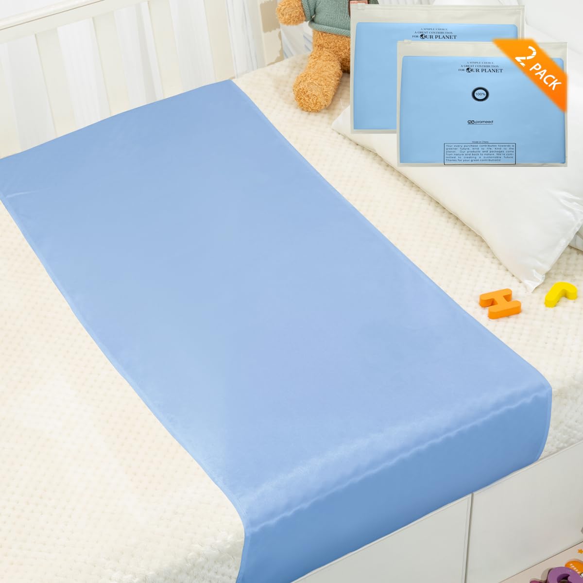 PROMEED 2-pack mulberry silk crib sleeve in package protects delicate baby hair