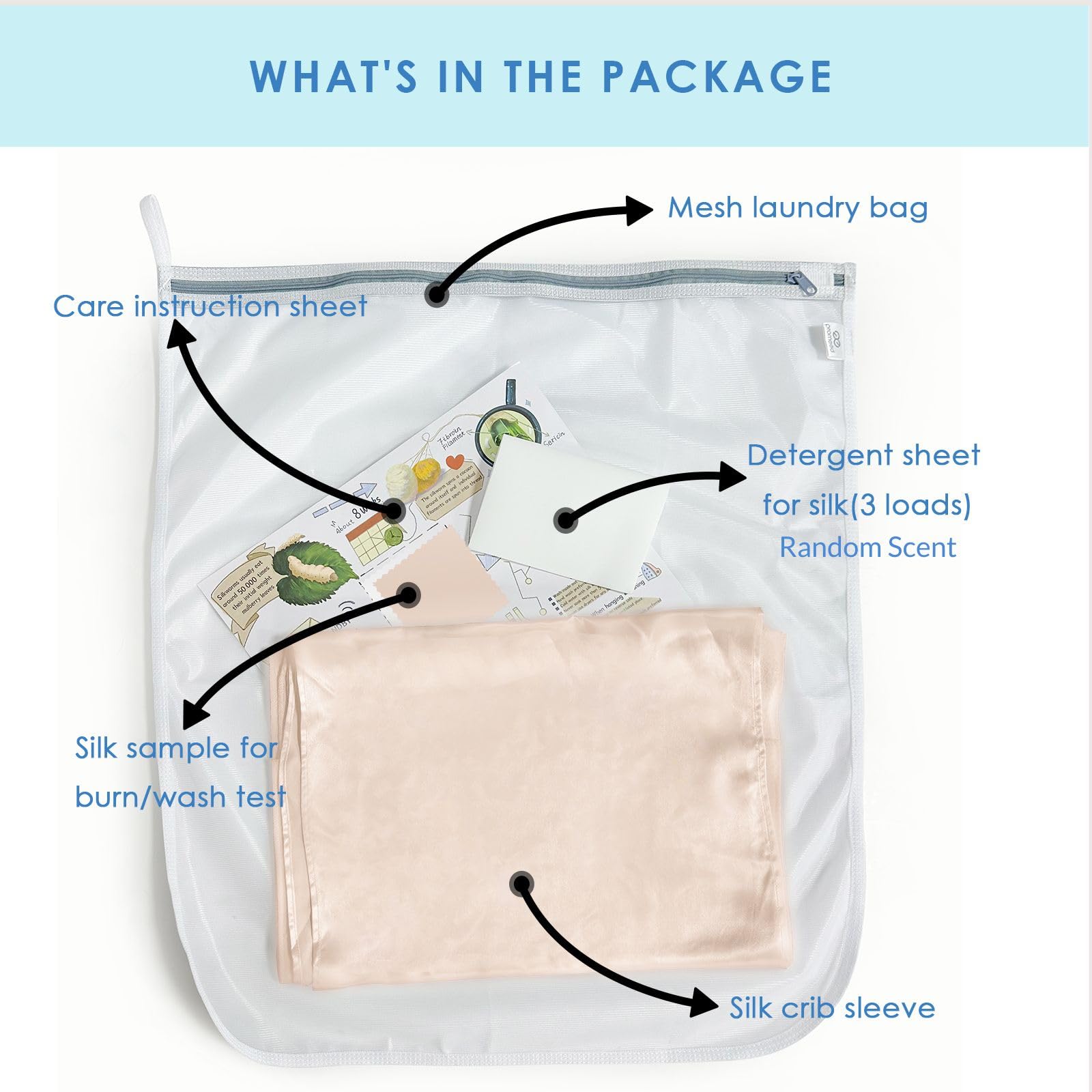 PROMEED silk sleeve near washing bag demonstrates easy care and machine washing