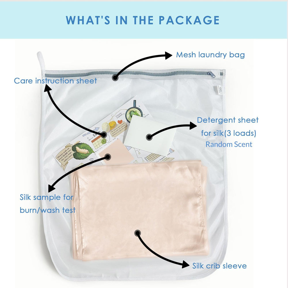 PROMEED silk sleeve near washing bag demonstrates easy care and machine washing