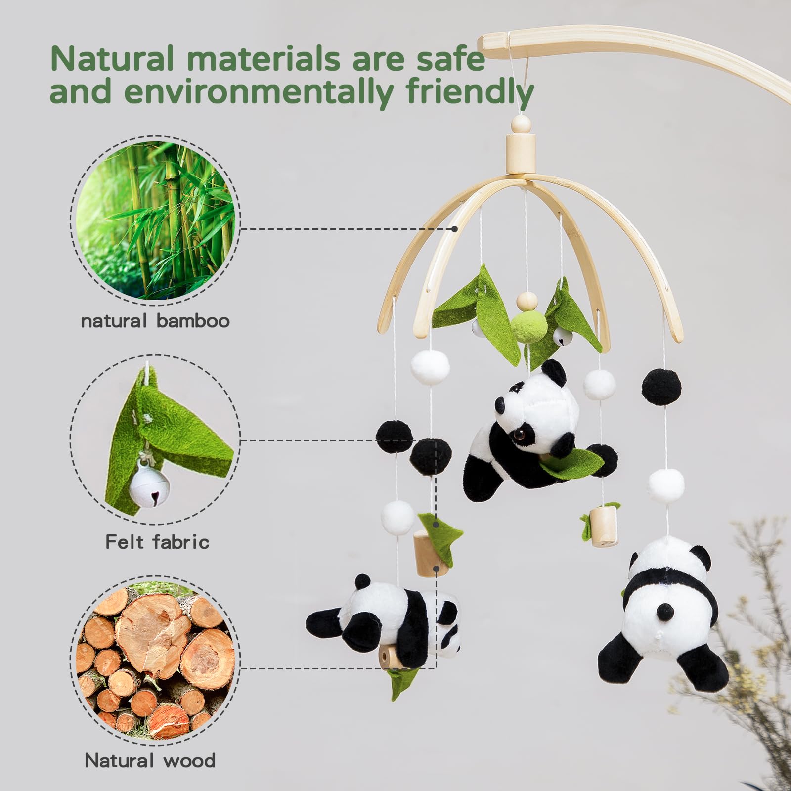 Promise Babe panda-mobile wooden hoop provides natural, timeless nursery decor