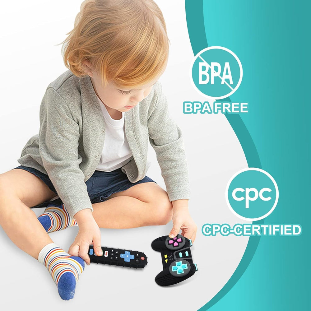 PRONY remote teether texture details show strip and bumps for tactile exploration.