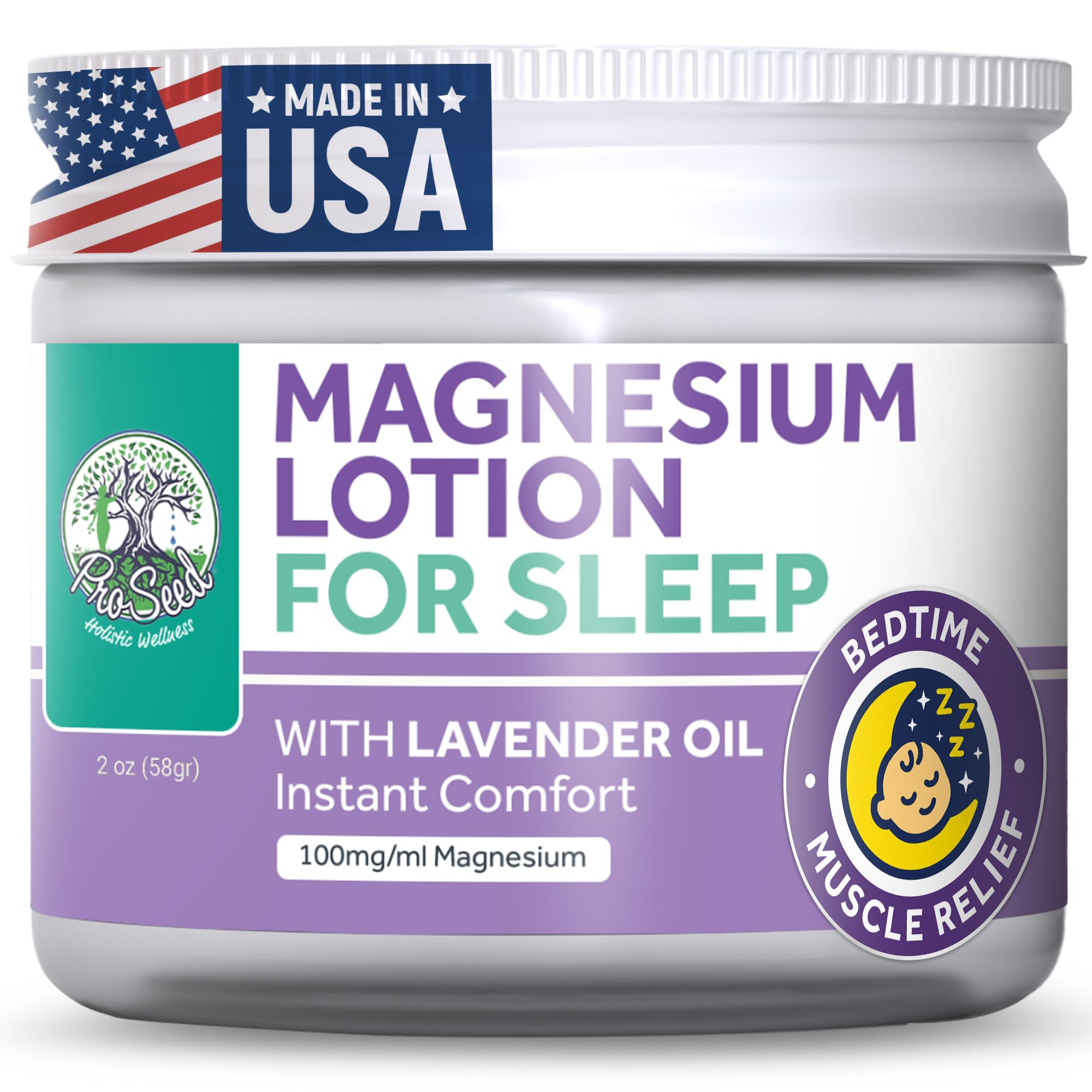 ProSeed Holistic Wellness lavender magnesium lotion bottle closeup for calming bedtime relief
