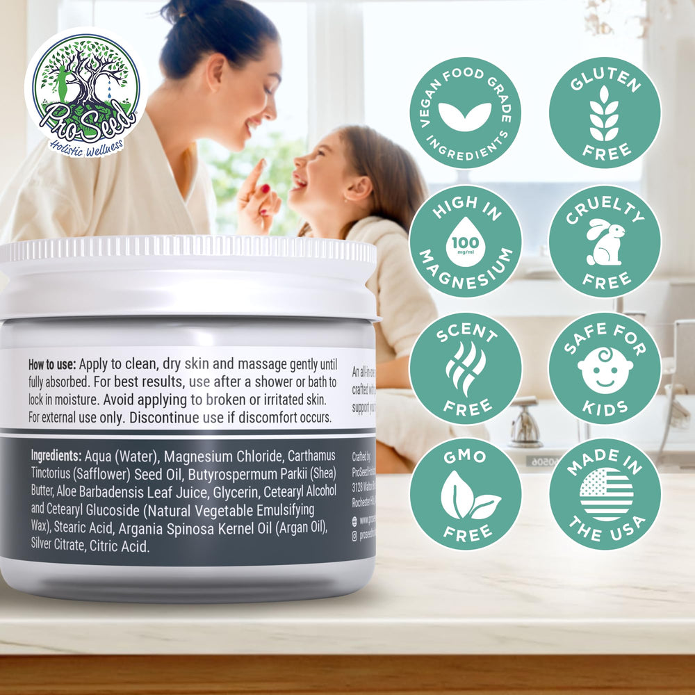 ProSeed Lotion ingredients image features shea butter, argan oil, and aloe for hydration.