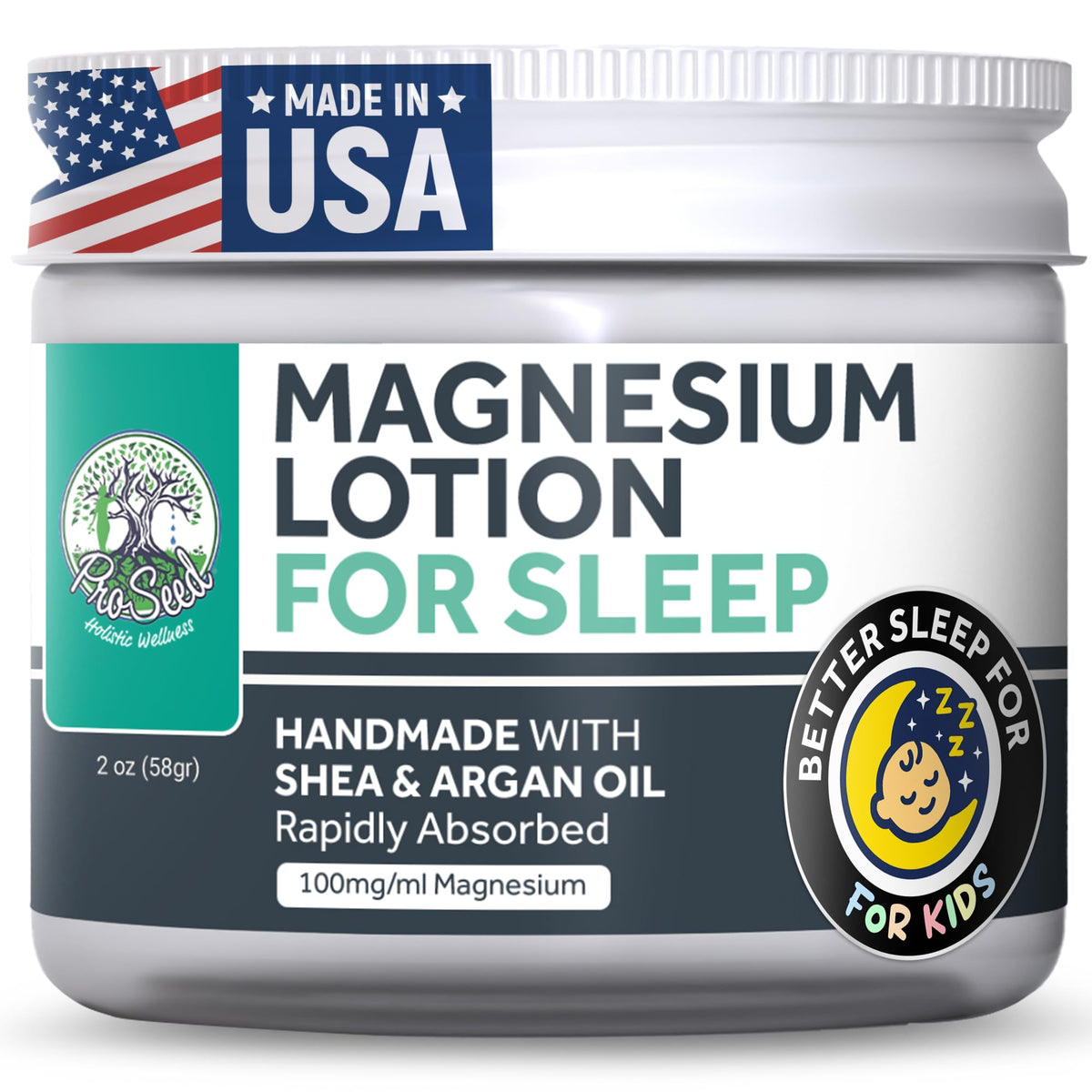 ProSeed Magnesium Lotion jar close-up shows vegan, all-natural formula for daily skin care.