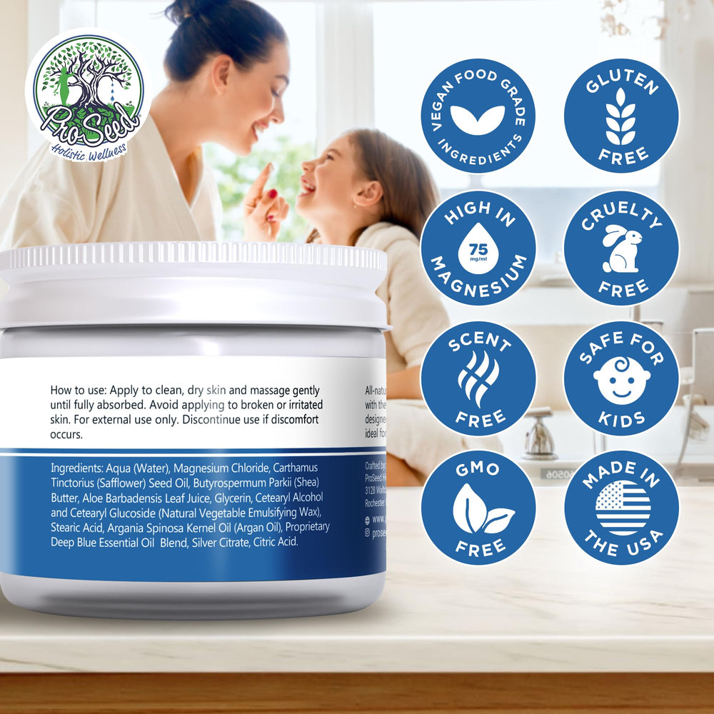 ProSeed Magnesium Lotion texture swirl showing creamy, fast-absorbing formula.