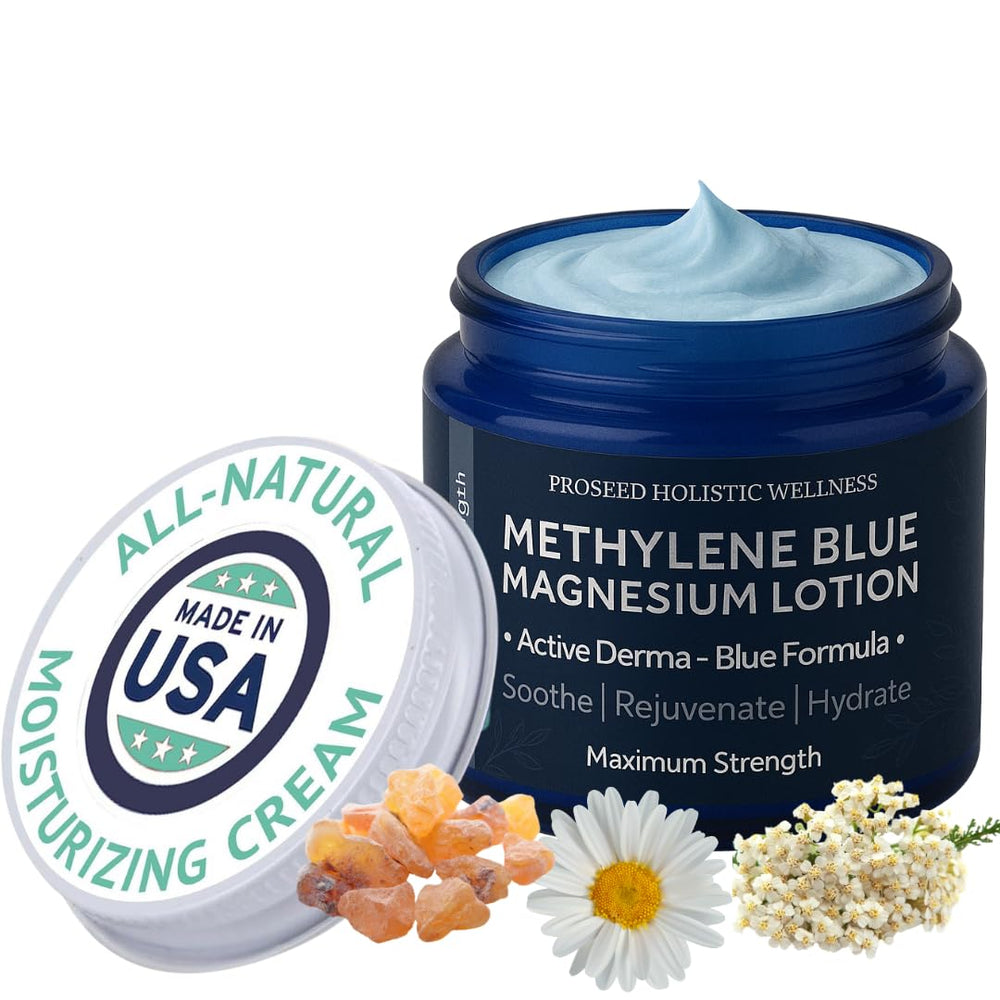 ProSeed Methylene Blue Magnesium Lotion face bottle offers quick hydration for smoother skin