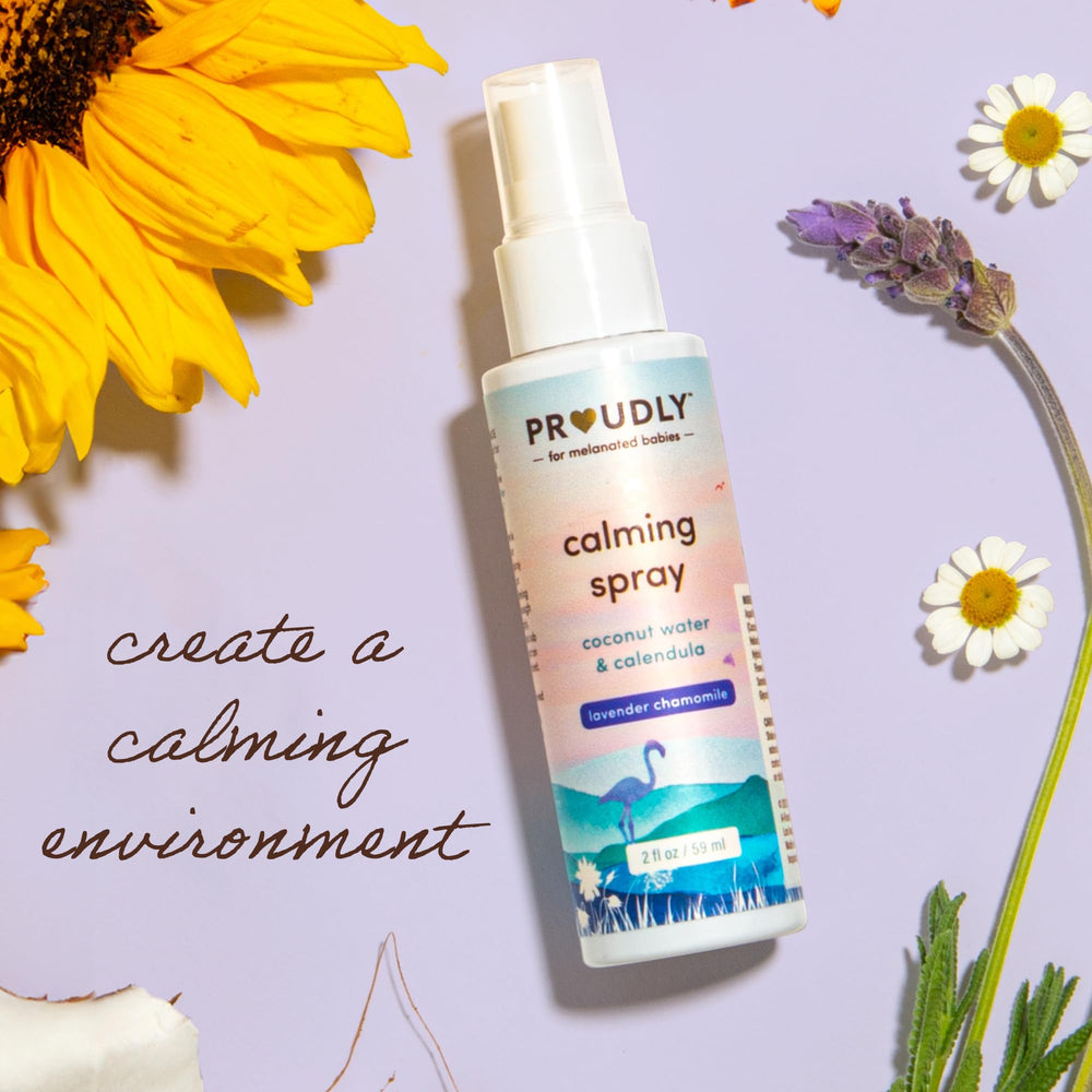 PROUDLY Calming Spray shown on sheets to create a calming linen ambiance.