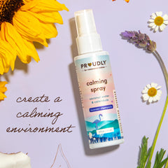 PROUDLY Calming Spray shown on sheets to create a calming linen ambiance.