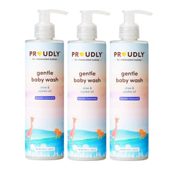 PROUDLY Gentle Baby Wash bottle demonstrates tear-free cleansing for calm bath time.