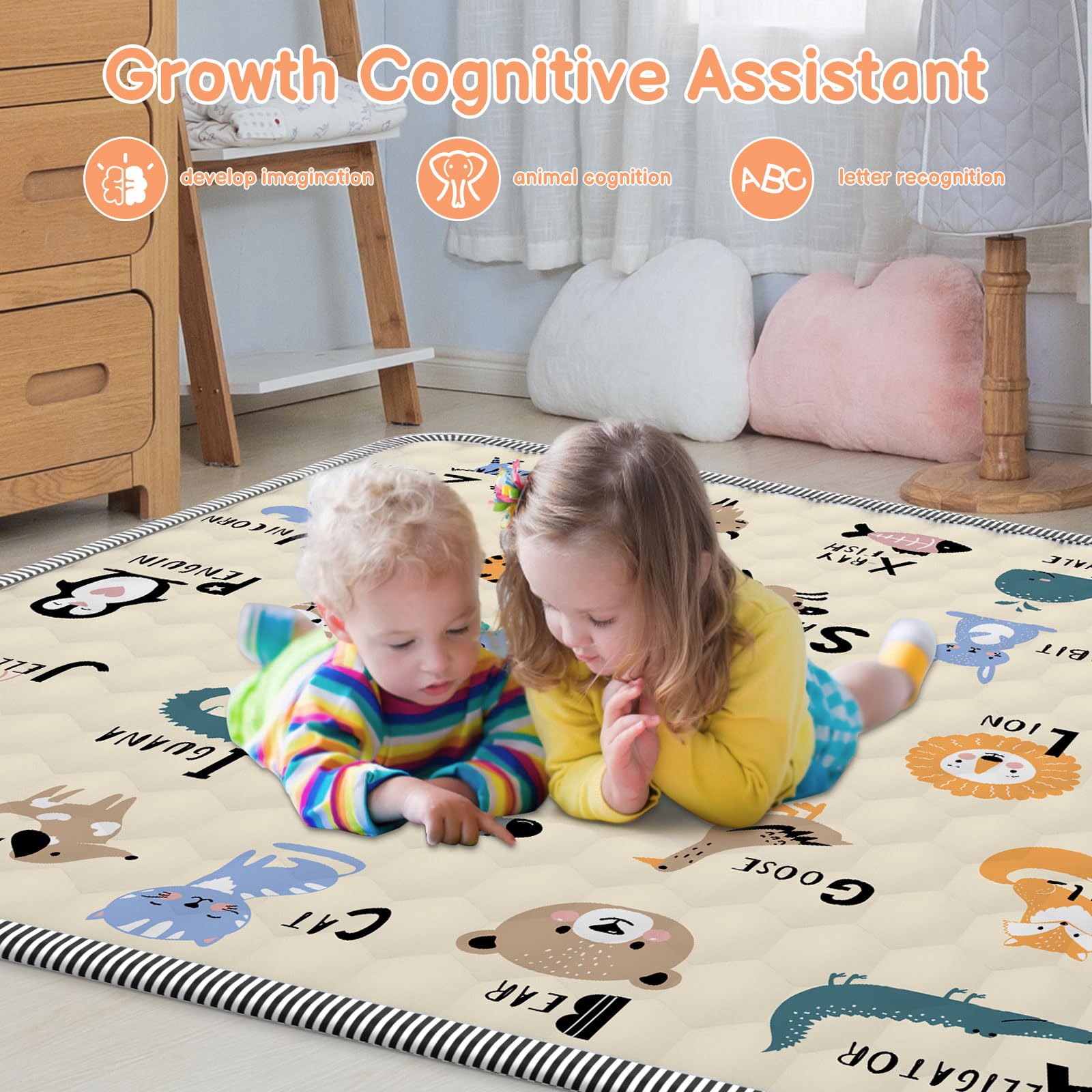 Ptcide Baby Play Mat 59x59 shows letters and animals, cognitive-friendly learning surface.