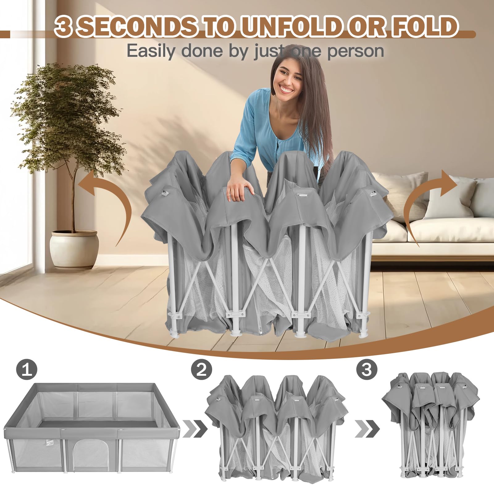 Ptcide foldable large baby playpen unfolded dimensions 50x71 for spacious play area.