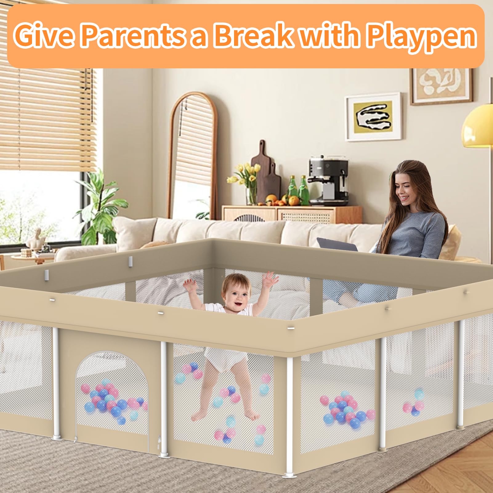 Ptcide foldable playpen 71x71 mesh-sides breathable panels in use