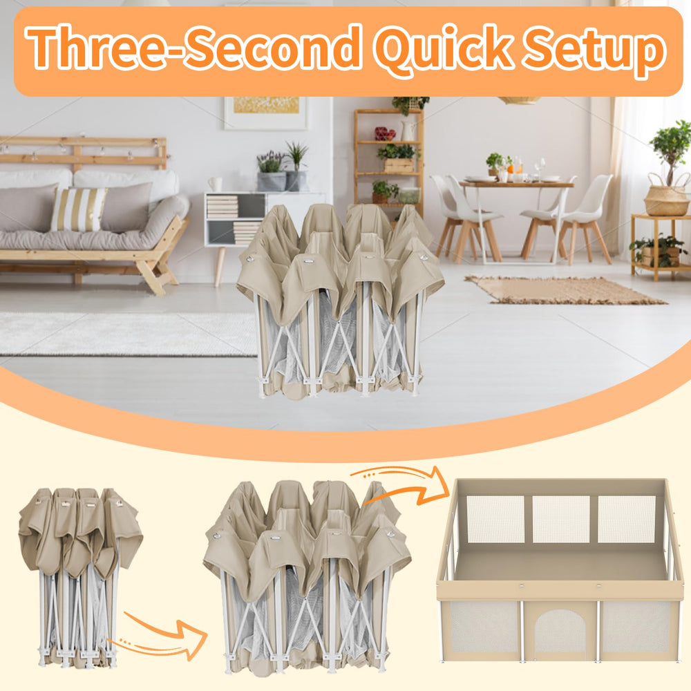 Ptcide foldable playpen 71x71 side-view beige showing portability