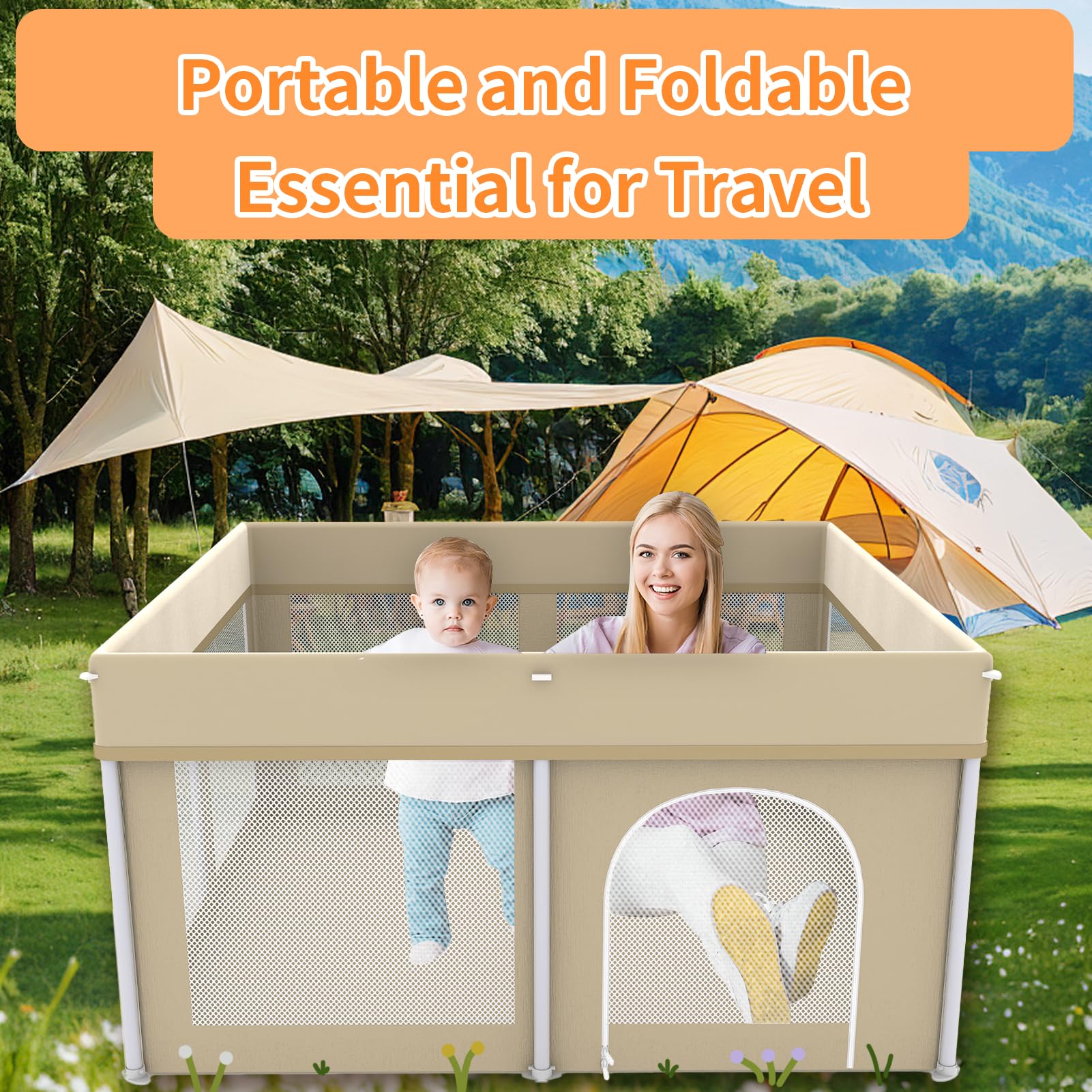 Ptcide foldable playpen beige color fits any nursery
