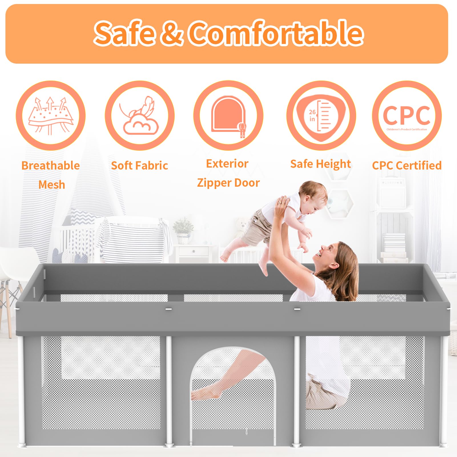 Ptcide foldable playpen folded compactly for storage in gray.