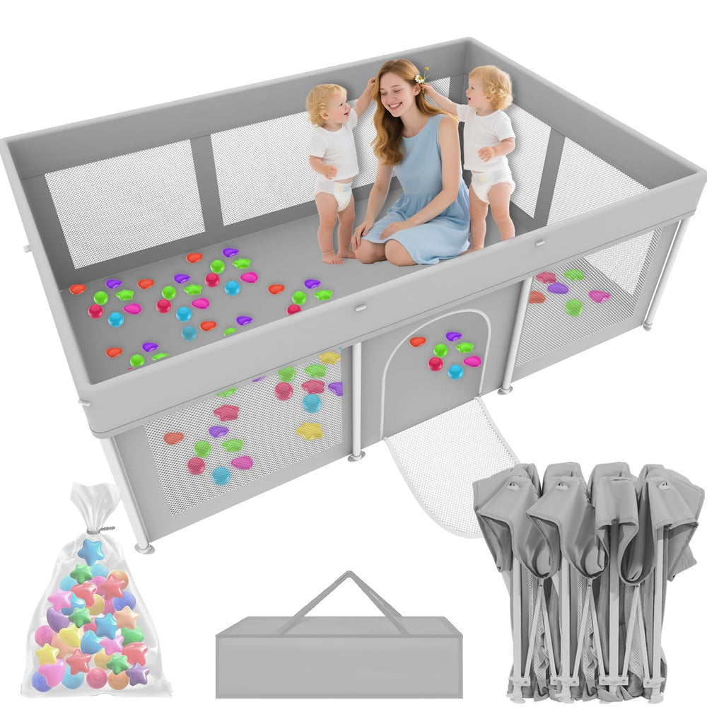 Ptcide foldable playpen in gray, ready for quick, safe indoor playtime.