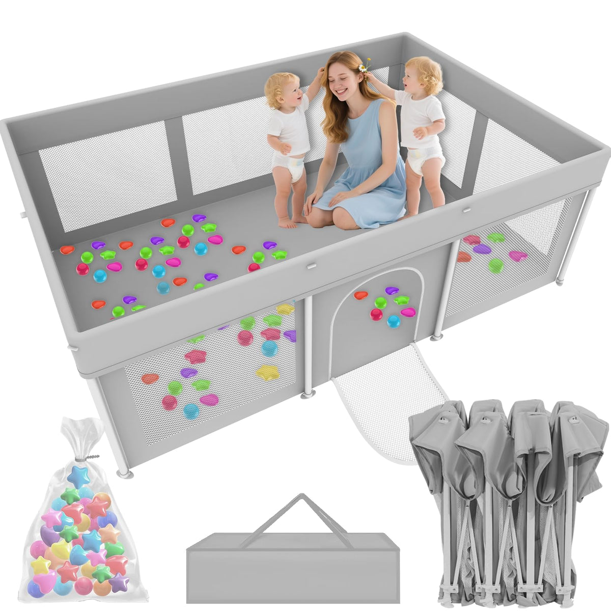 Ptcide foldable playpen in gray, ready for quick, safe indoor playtime.