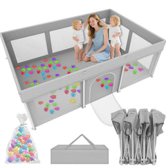 Ptcide foldable playpen in gray, ready for quick, safe indoor playtime.