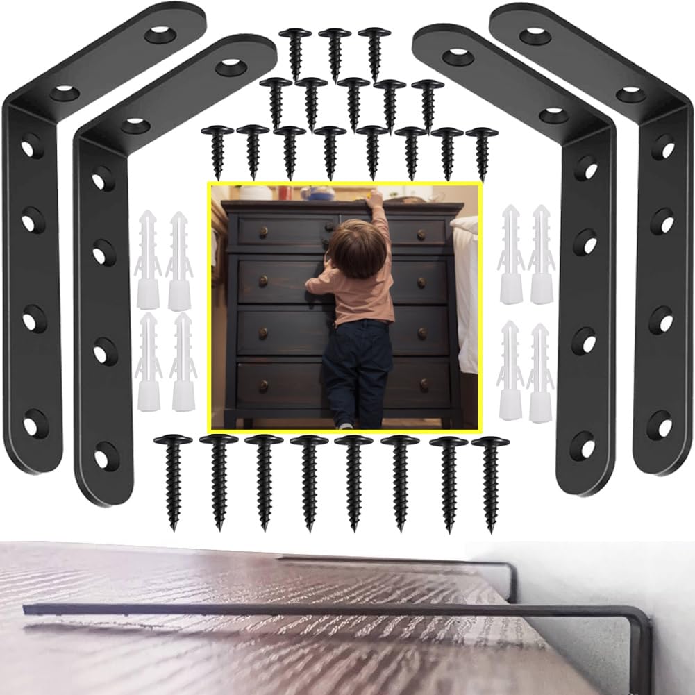 PTKSZGT Furniture Anchors four-pack with black brackets improves dresser stability.