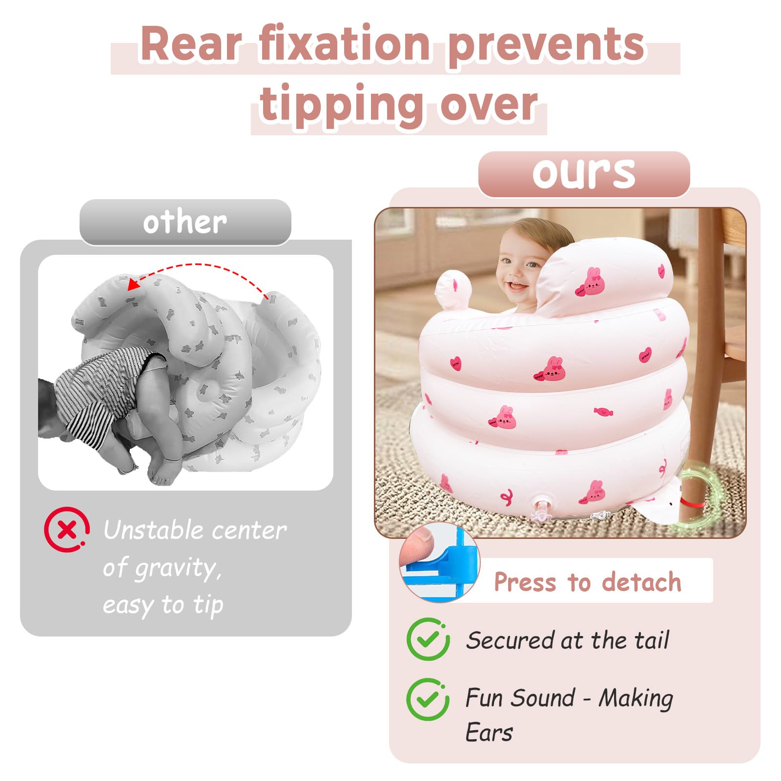 ptlruzk inflatable baby seat pink bunny ergonomic-curved-design supports natural spine alignment.
