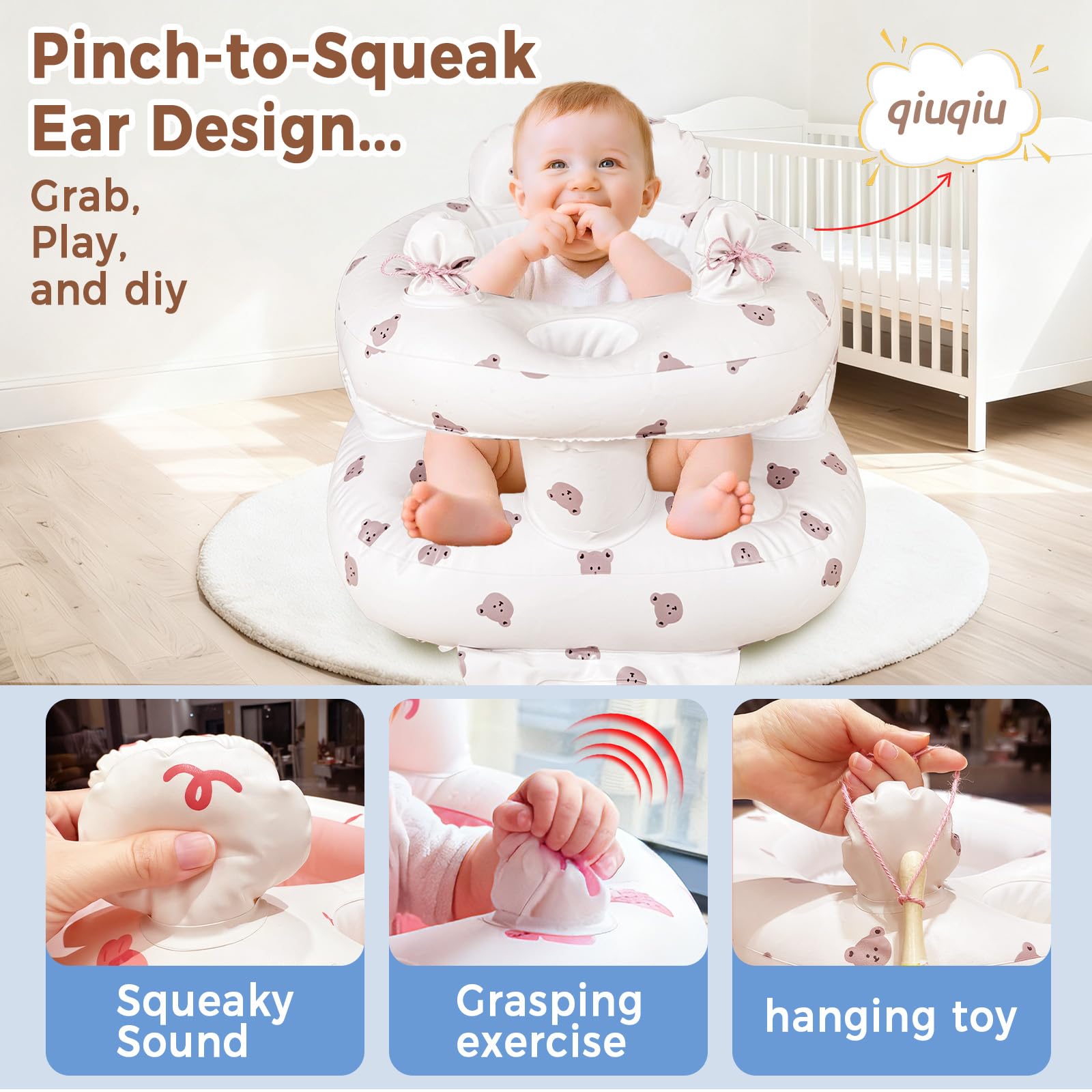 ptlruzk ear-bear sound feature entertains baby with gentle chirps during floor time.