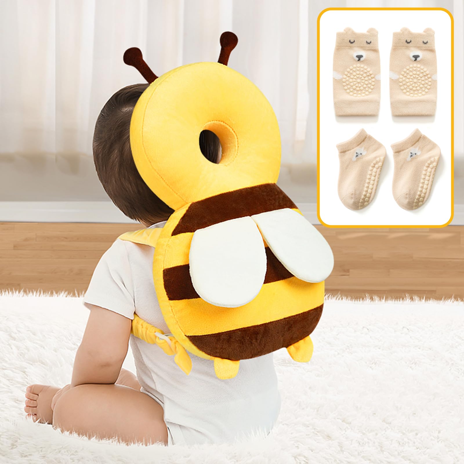 Pucmaoci baby head protector backpack shows alarm function during active play.