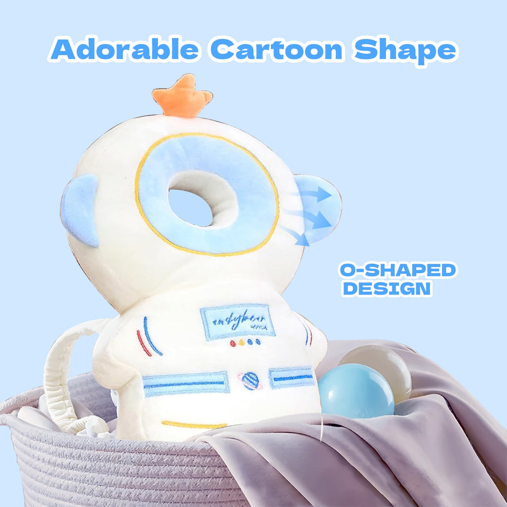 Pucmaoci baby head protector worn during playful crawling and first steps